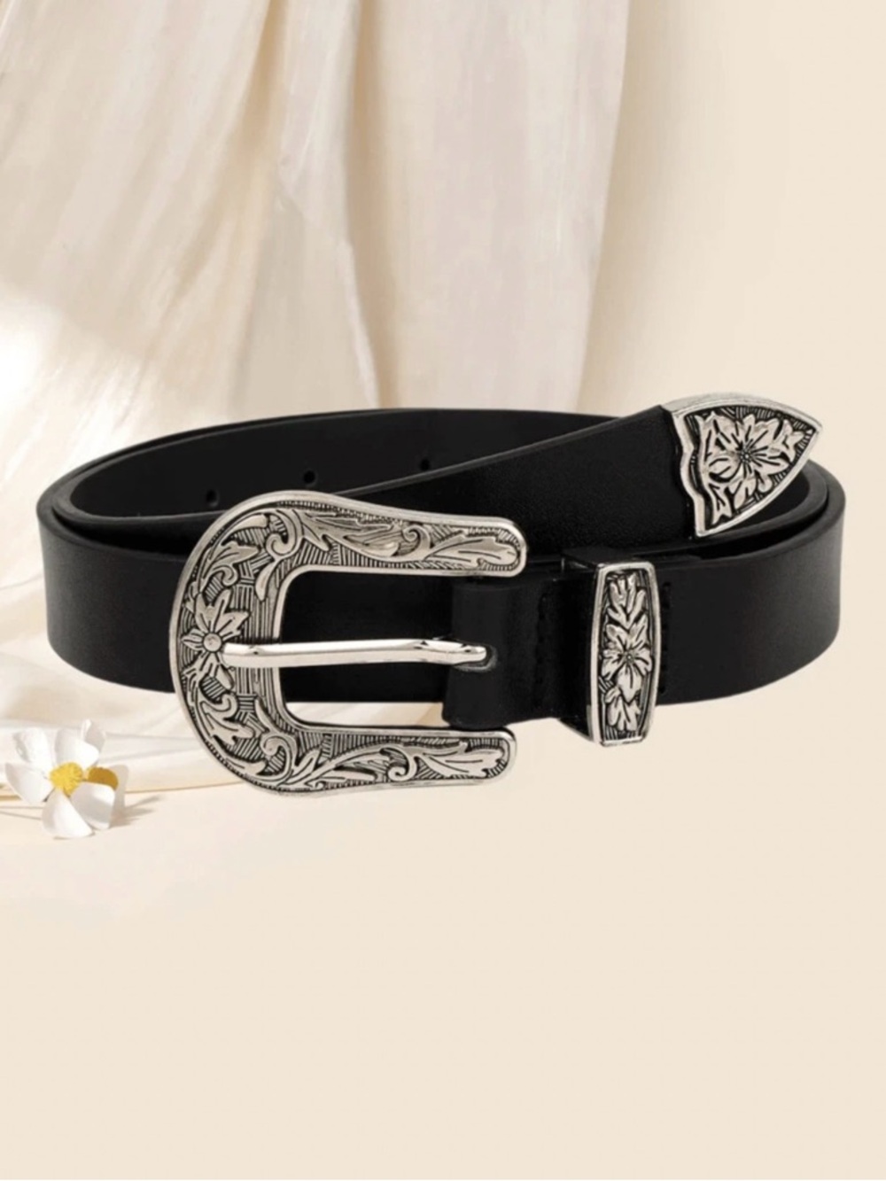 Black Western Buckle Belt with Engraved Silver Hardware